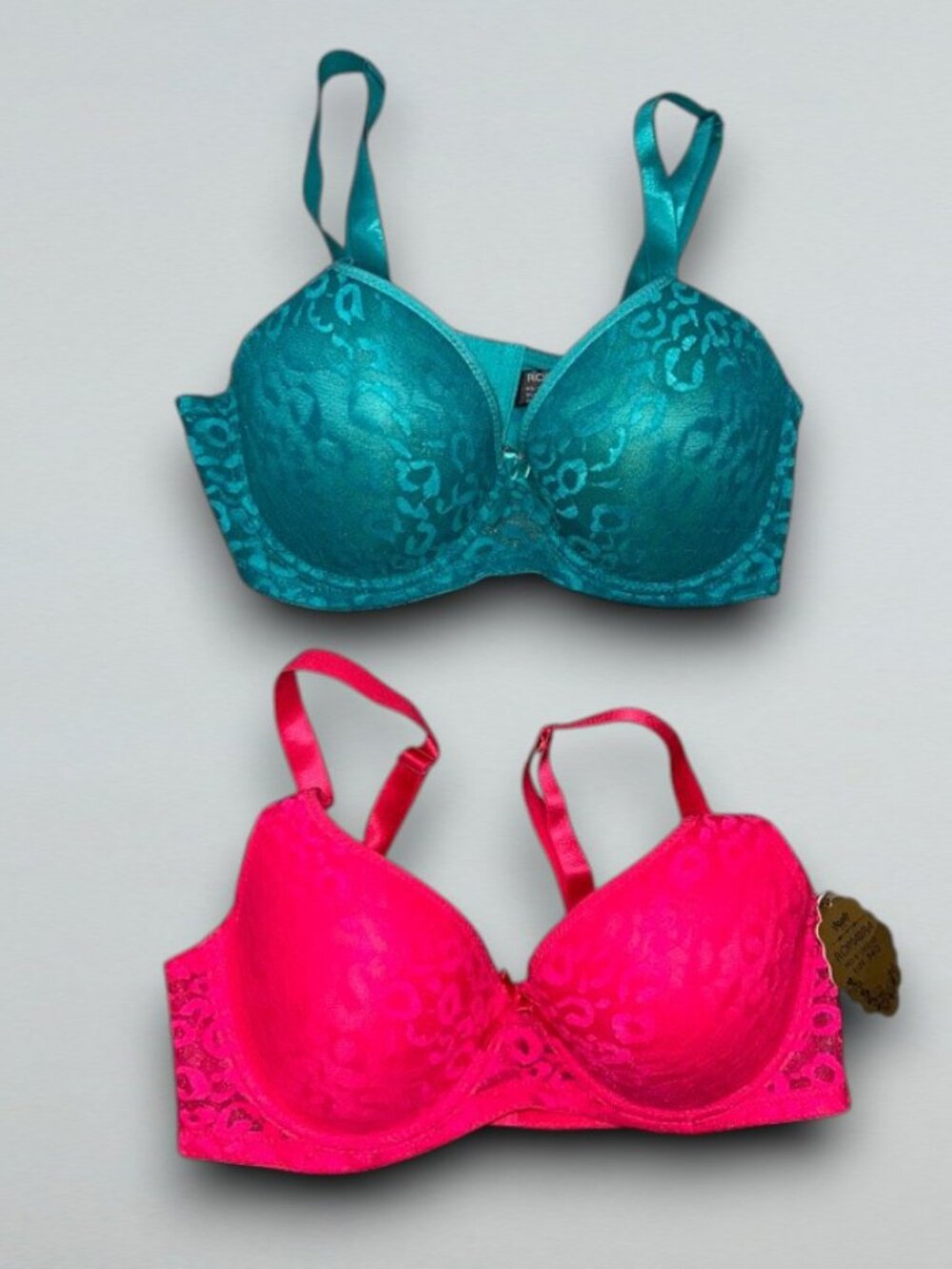 2 Pack Leopard Lace Push Up Bras Teal Hot Pink Padded Underwire 34D
